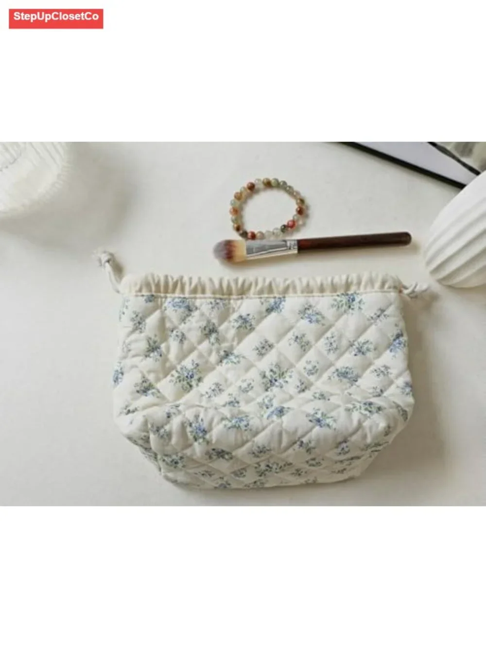 HAPPYHEIDI Large Makeup Bag Set 2 Travel Cosmetic Pouch Beige Florals with